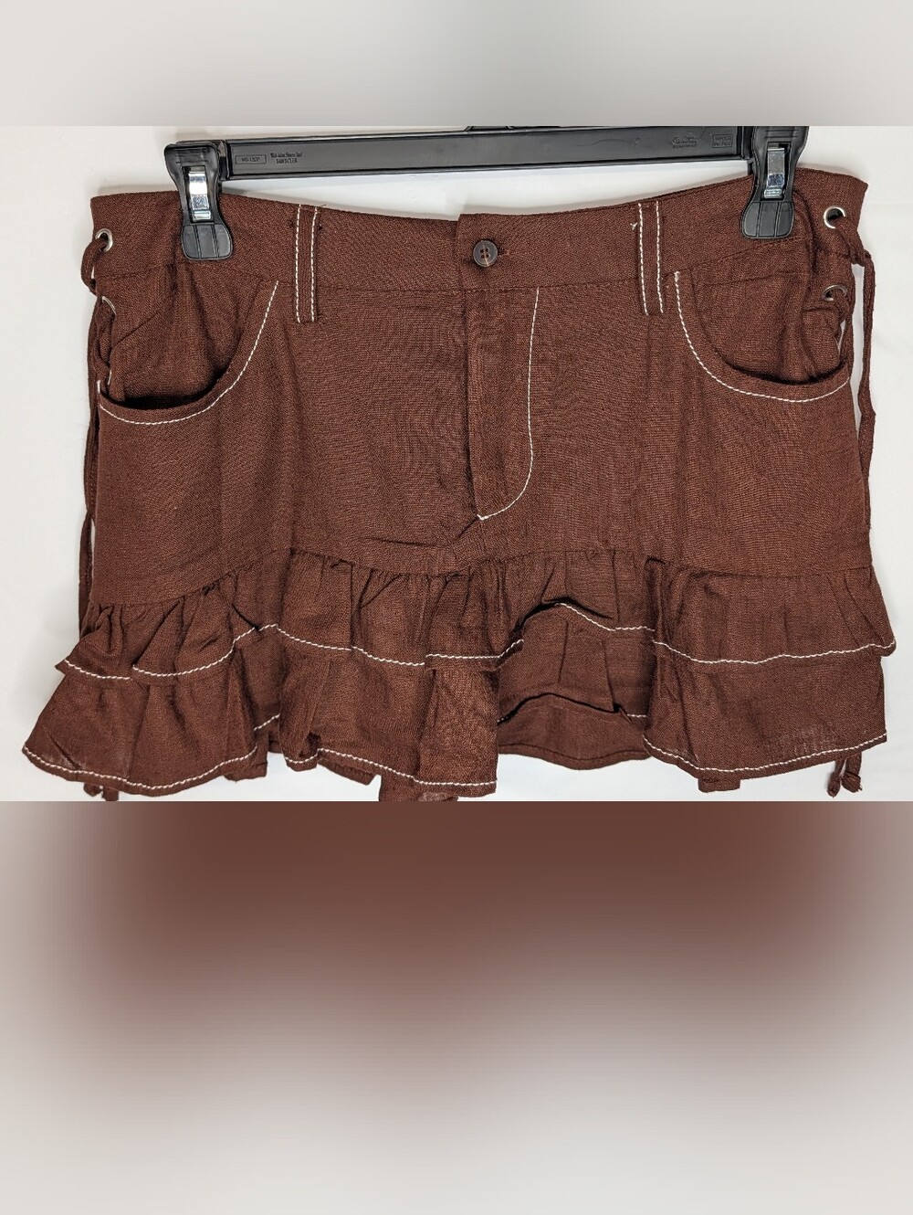 FN Womens XS Ruffle Mini Skirt Chocolate Brown y2k Mcbling Cowgirl Linen Blend